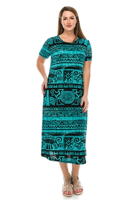 Long dress with short sleeves - teal Aztec print