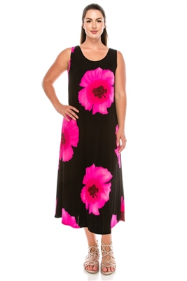 Long tank dress - pink big flower - polyester/spandex