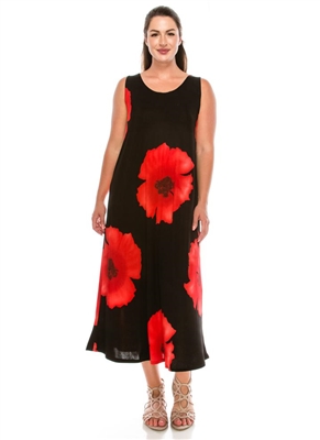 Long tank dress - red big flower - polyester/spandex