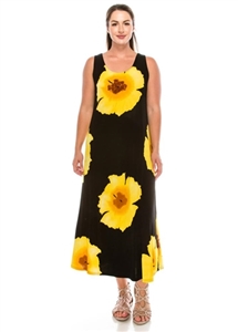 Long tank dress - yellow big flower - polyester/spandex