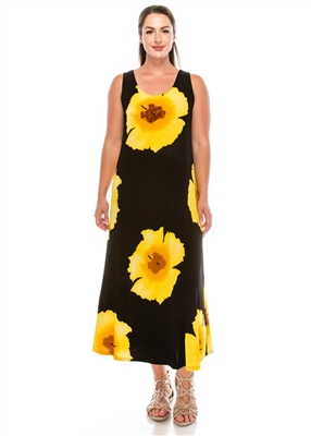 Long tank dress - yellow big flower - polyester/spandex