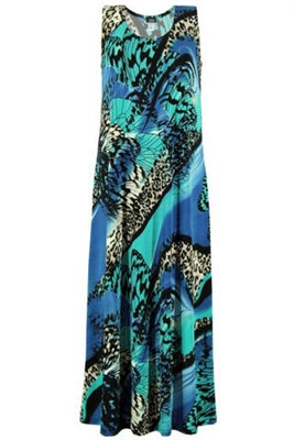 Long tank dress - blue/teal butterfly and animal - polyester/spandex