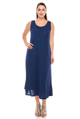 Long tank dress - navy/white polka dots - polyester/spandex