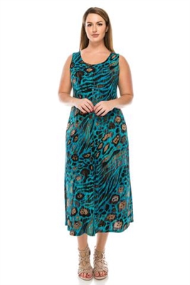 Long tank dress - blue/brown animal print - polyester/spandex