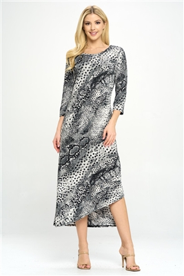 Asymmetrical long dress with 3/4 sleeves - black/white animal print - polyester/spandex