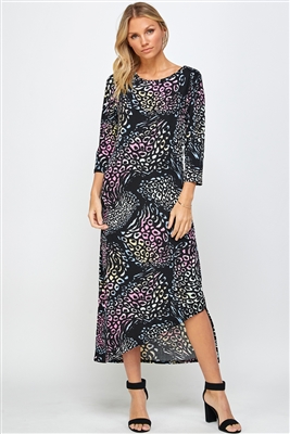 Asymmetrical long dress with 3/4 sleeves - pastel on black - polyester/spandex