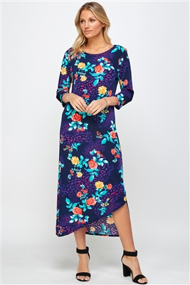 Asymmetrical long dress with 3/4 sleeves - purple with rose print - polyester/spandex