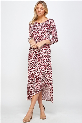 Asymmetrical long dress with 3/4 sleeves - red/white print - polyester/spandex