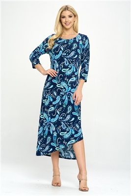 Asymmetrical long dress with 3/4 sleeves - blue paisley print - polyester/spandex