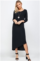 Asymmetrical long dress with 3/4 sleeves - black - polyester/spandex
