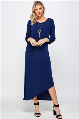 Asymmetrical long dress with 3/4 sleeves - navy - polyester/spandex