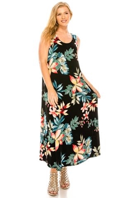 Long tank dress - black/tropical flowers - polyester/spandex