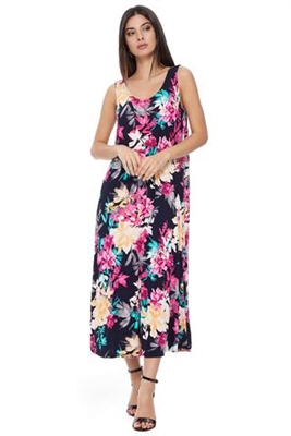 Long tank dress - black with pink/yellow flowers - polyester/spandex