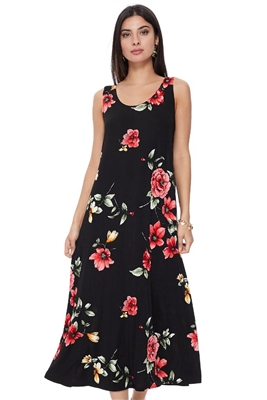 Long tank dress - black with red flowers - polyester/spandex