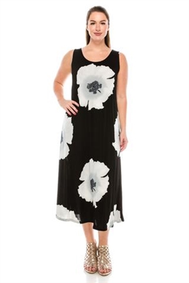 Long tank dress - grey big flower - polyester/spandex