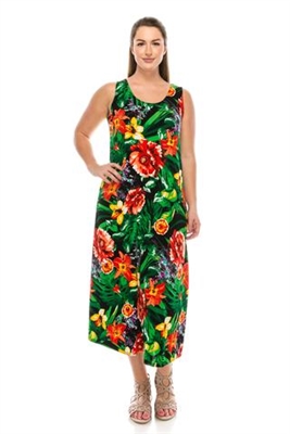Long tank dress - red floral with green leaves - polyester/spandex
