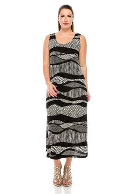 Long tank dress - black/white waves - polyester/spandex