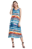 Long tank dress - blue/rust stripe - polyester/spandex