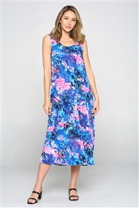 Long tank dress - purple/turquoise/pink print - polyester/spandex