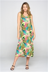 Long tank dress - tropical leaf print - polyester/spandex