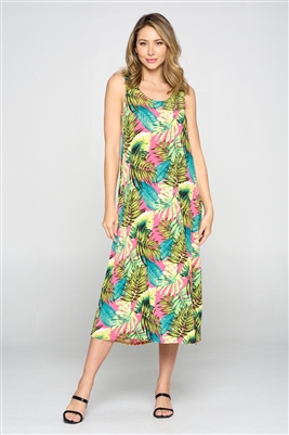 Long tank dress - tropical leaf print - polyester/spandex