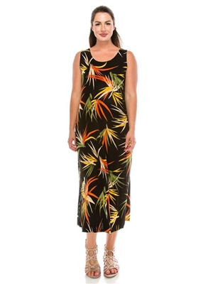Long tank dress - black with colorful leaves - polyester/spandex