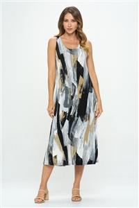 Long tank dress - grey brushstroke print - polyester/spandex