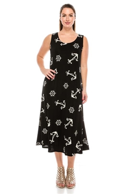 Long tank dress - nautical print - white on black - polyester/spandex