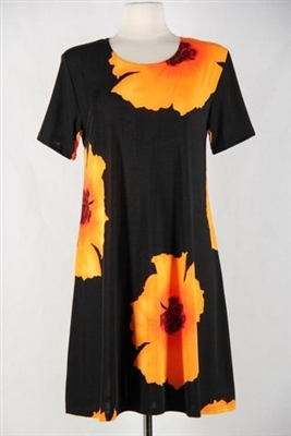 Short sleeve short dress - orange big flower - polyester/spandex