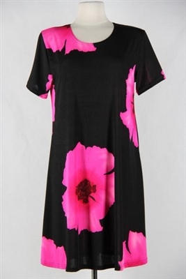 Short sleeve short dress - pink big flower - polyester/spandex