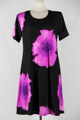 Short sleeve short dress - purple big flower - polyester/spandex