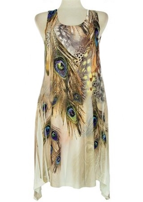Short two point tank dress - ivory peacock feathers with stones