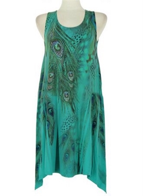 Short two point tank dress - jade peacock feathers with stones