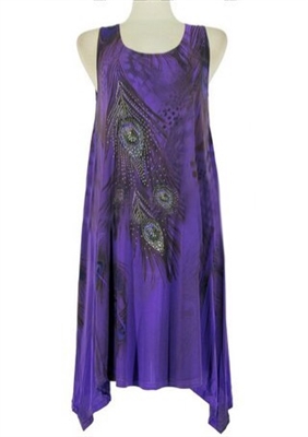 Short two point tank dress - purple peacock feathers with stones