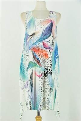 Short two point tank dress - colorful feathers on white