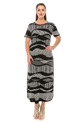 Short sleeve long dress - black/white waves - polyester/spandex