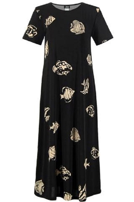 Short sleeve long dress - fish print on black background - polyester/spandex