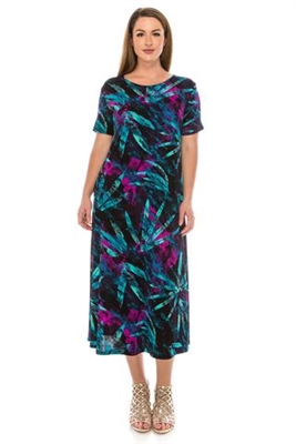 Short sleeve long dress - turquoise/purple leafy print - polyester/spandex