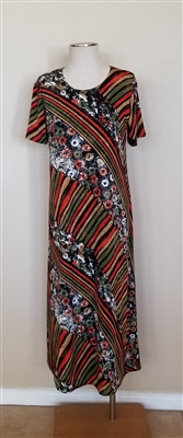 Short sleeve dress - long - olive/rust print - polyester/spandex
