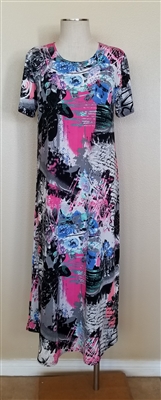 Short sleeve dress - long - pink/grey print - polyester/spandex