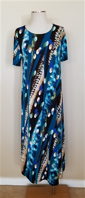 Short sleeve dress - long - teal print - polyester/spandex