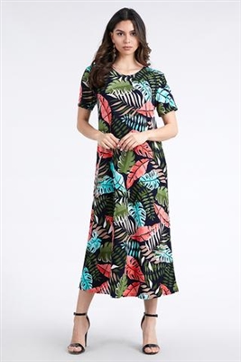 Short sleeve long dress - olive/coral palms - polyester/spandex