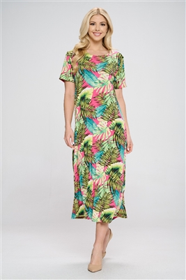 Short sleeve dress - long - tropical leaf print - polyester/spandex