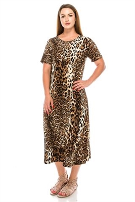 Short sleeve dress - long - brown leopard print  - polyester/spandex
