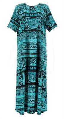 Short sleeve long dress - teal aztec - polyester/spandex