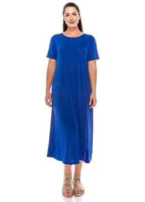 Short sleeve long dress - royal blue - polyester/spandex