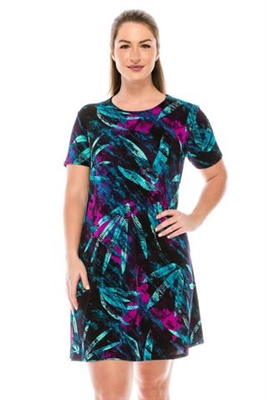 Short sleeve short dress - turquoise/coral leaves - polyester/spandex