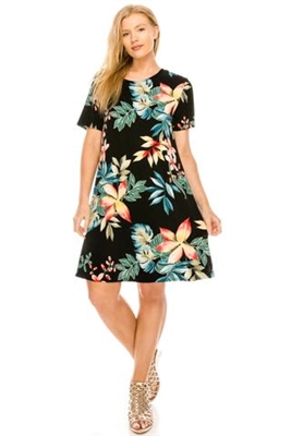 Short sleeve short dress - black/tropical flowers - polyester/spandex