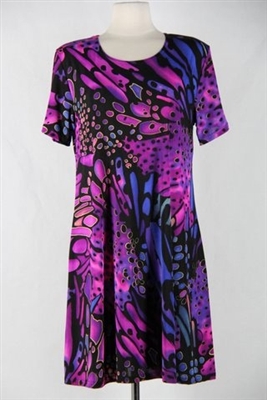 Short sleeve short dress - blue/purple print  - polyester/spandex