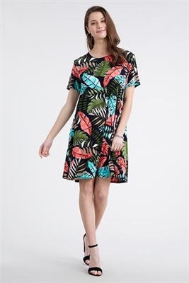 Short sleeve short dress - olive/coral palms - polyester/spandex